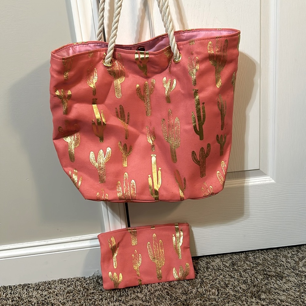Pink and gold cactus tote bag and matching accessory bag